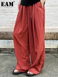 [EAM] High Elastic Waist Red Thin Pleated Long Wide Leg Pants New Trousers Women Fashion Tide Spring Autumn 2024 1DH5583