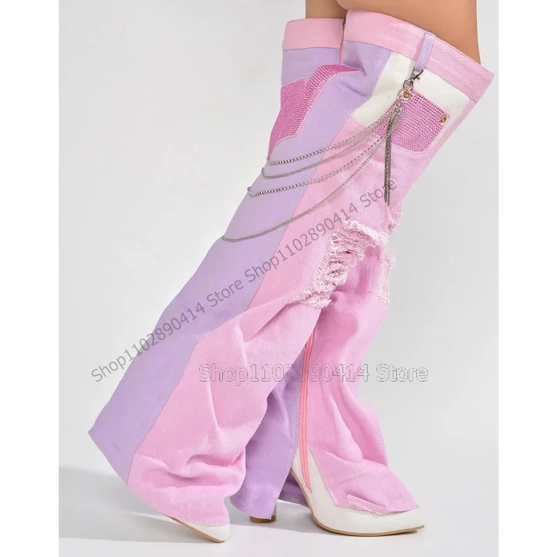 Pink Denim Crystal Metal Chain Decor Pointed Toe Boots Side Zipper Women Shoes High Heels Dating Runway 2026 Zapatos Para Mujere
