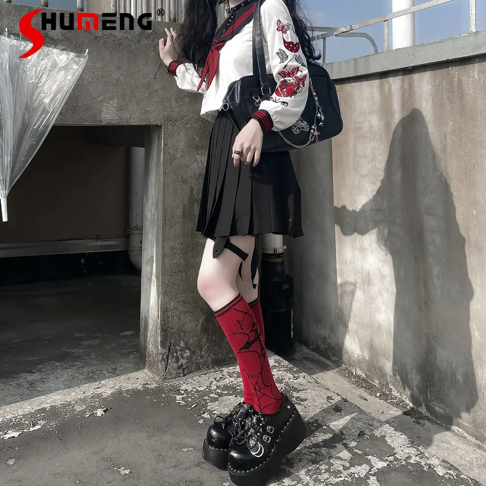 Japanese Style Punk Skirt Sets Dark Jk Uniform Sweet Long Sleeve Embroidery Sailor Bow Tie Shirt and Black Skirts Suit 2 Pieces