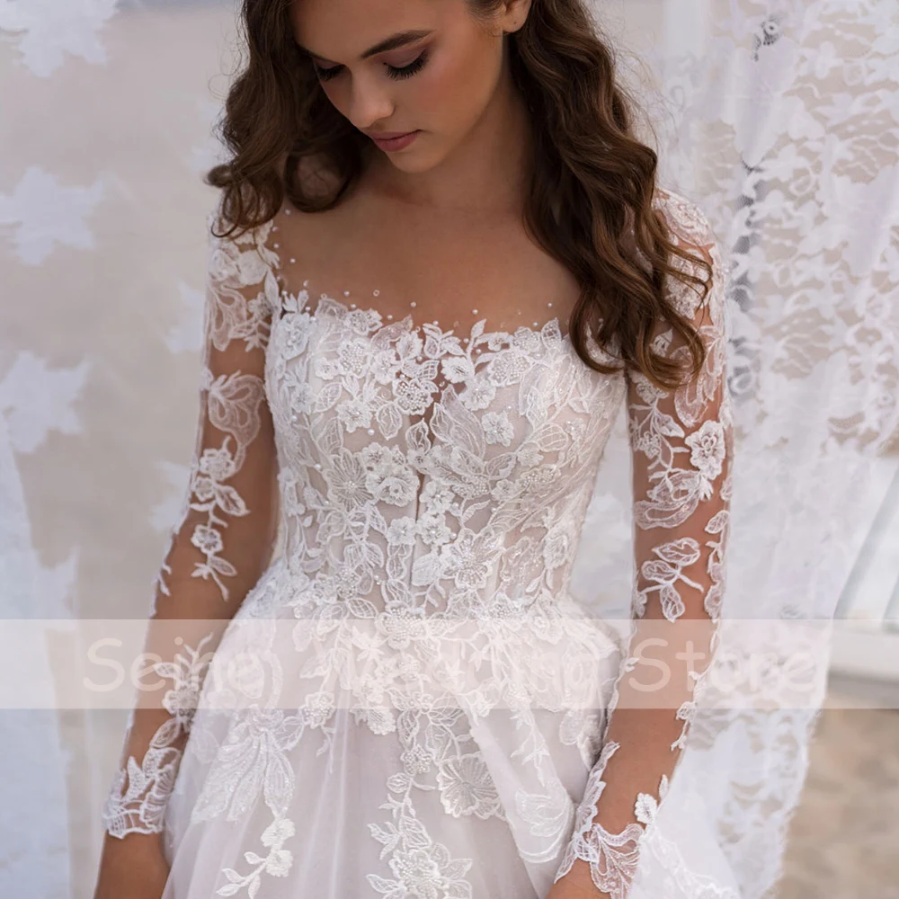 Abiti da sposa Boho 2022 o-collo maniche lunghe abiti da sposa in pizzo A-Line perline Sweep Train boemia abito da sposa Robe De Mariee