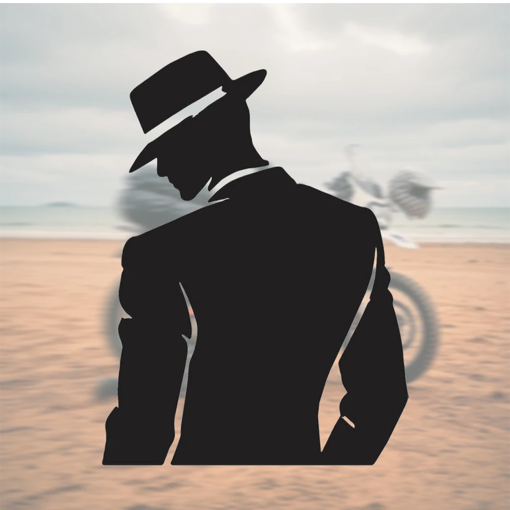 Retro Car Decal Sticker Silhouette Man in Suit Fedora Hat Vintage Biker Motorcycle Beach Vinyl Decoration