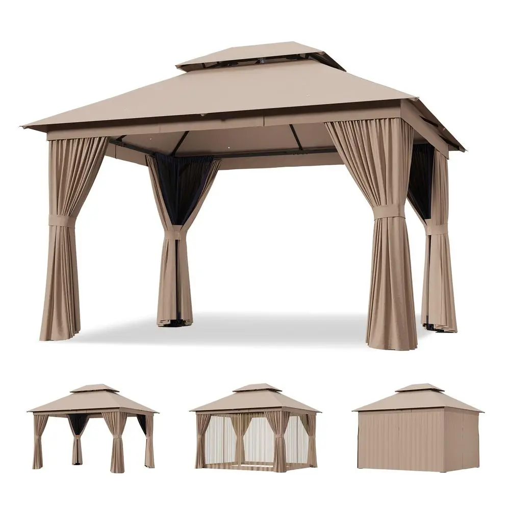12x10 Outdoor Gazebo with Curtain amp Mosquito Netting, Beige