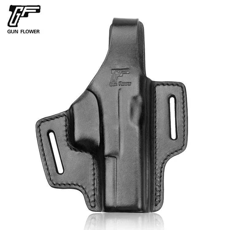 Only For Glock 17/22/31 ,Gun&Flower 2 Slot Thumb release Full Grain Leather Open Muzzle Gun Pouch,Right Hand