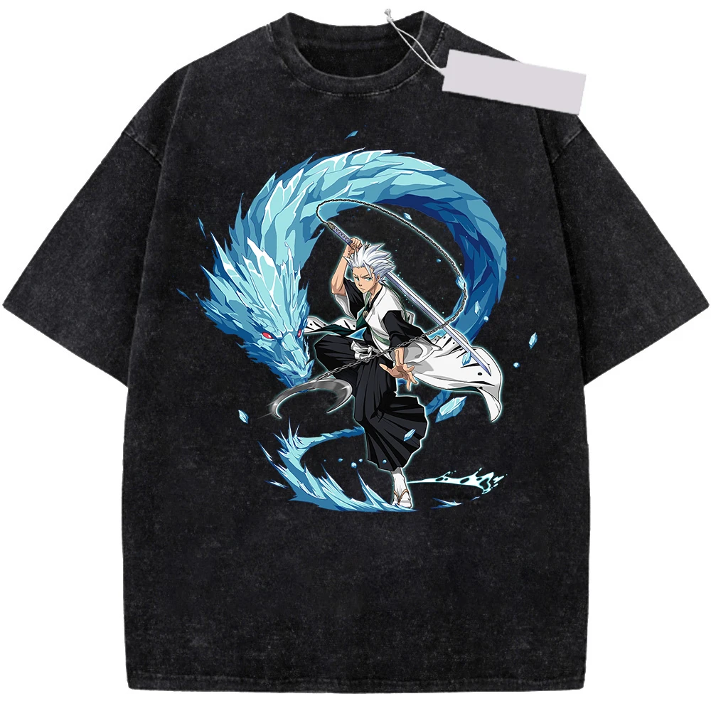 Men BLEACH Hitsugaya Toshiro Anime Graphic Washed T Shirt Vintage Oversized Short Sleeve Tee Streetwear Unisex Manga Casual Tops