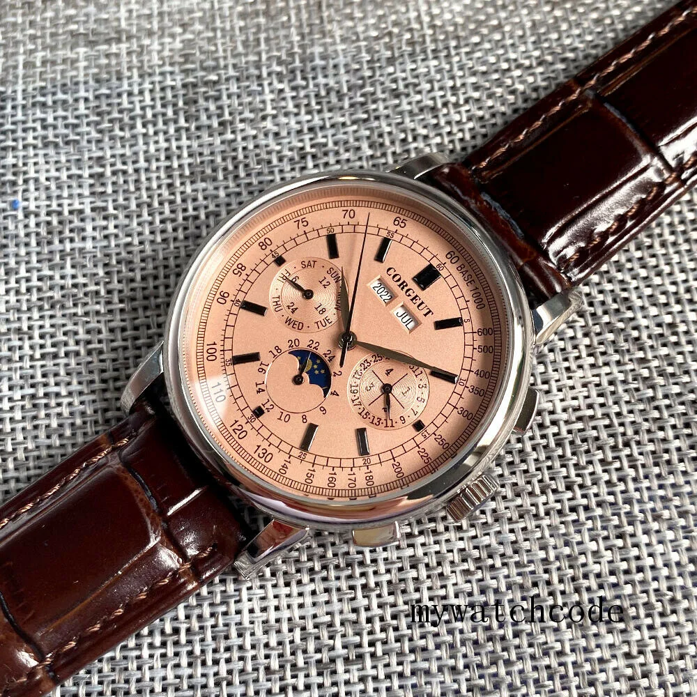 Corgeut 42mm Pink Dial Automatic Men\'s Wristwatch Silver/Rose Gold Coated Day Week Month Function Baton Markers Leather Strap