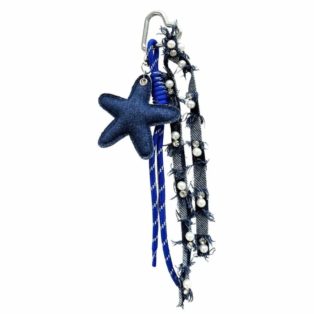 Distressed Frayed Denim Keychain Pearl Tassel Denim Style Bag Charm Star Heart Pendant Ribbon Bag Pendant for Women Ladies Bag