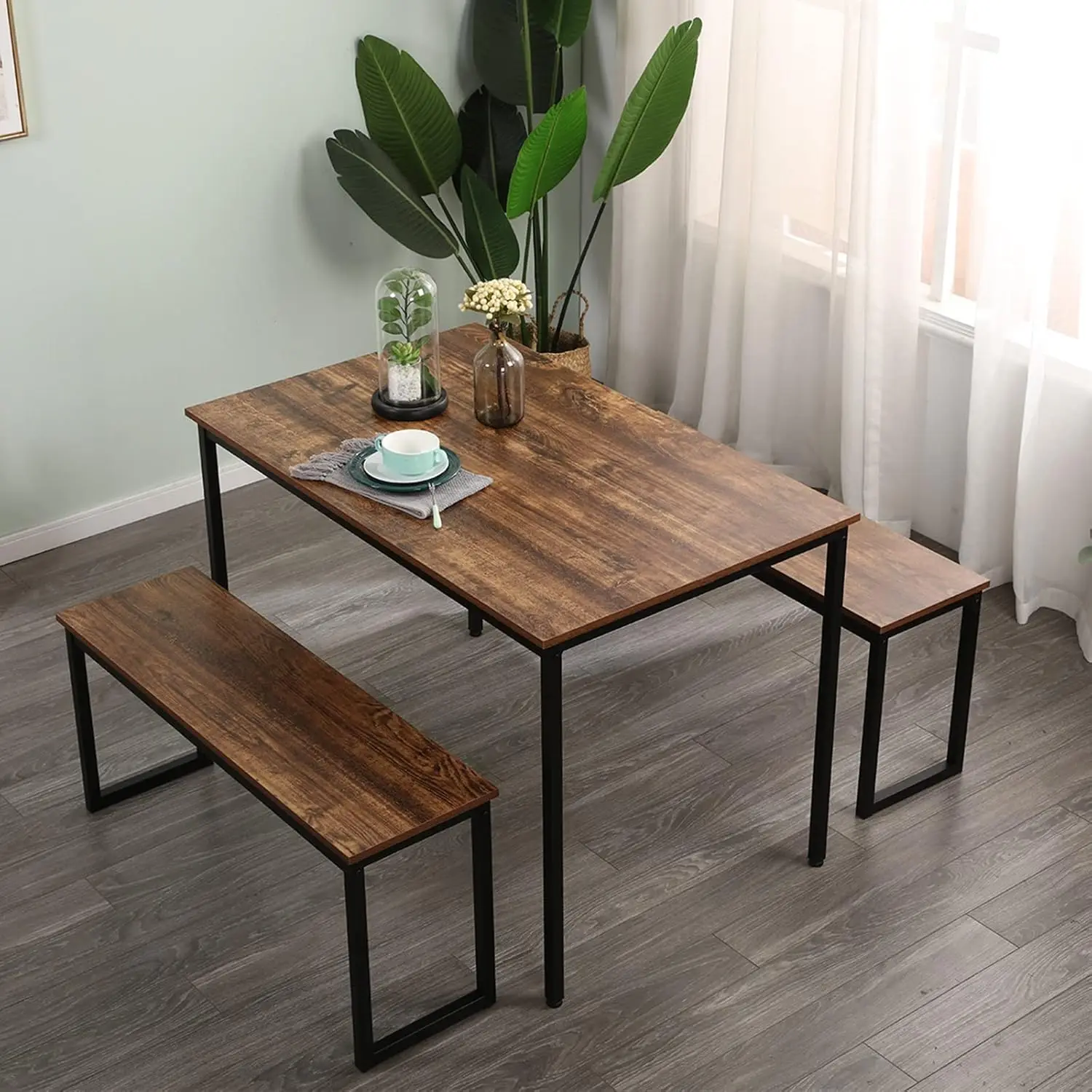 3 PCS Dining Table Set for 4 with 2 Benches, Soho Dining Table and Chairs Set, Industrial Kitchen Table