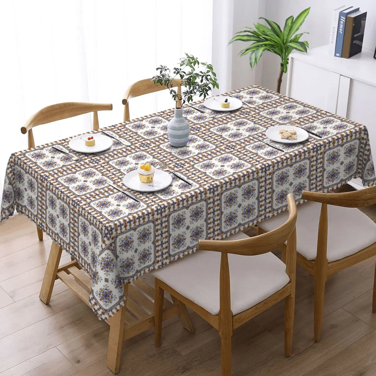 Traditional Portuguese Azulejo Blue Orange Floral Tile Pattern Customized Rectangular Tablecloth Table Cover for Table Cloth