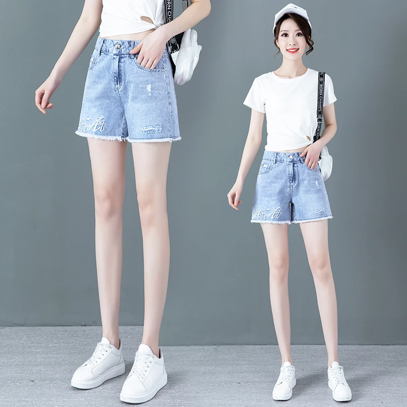 Hellblaue hohe Taille, dünne Denim-Erds-Damen-Sommer, lockeres Abnehmen, A-Linie, weites Bein, Hotpants, lässig, Faion, Frühling und Herbst