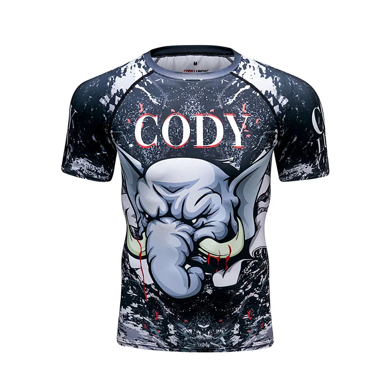 Herren-Sport-T-Shirt mit kurzen Ärmeln, schnell trocknend, hochelastisch, mit Aufdruck „Angry Elephant“, atmungsaktiv, schmales Trainings-Top