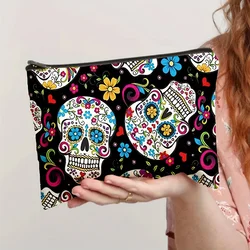 Portable Flower Skull Cosmetic Bag Linen Fabric Makeup Organizer for Travel Lightweight Fashionable Cosmetic Bag Zipper Pouch