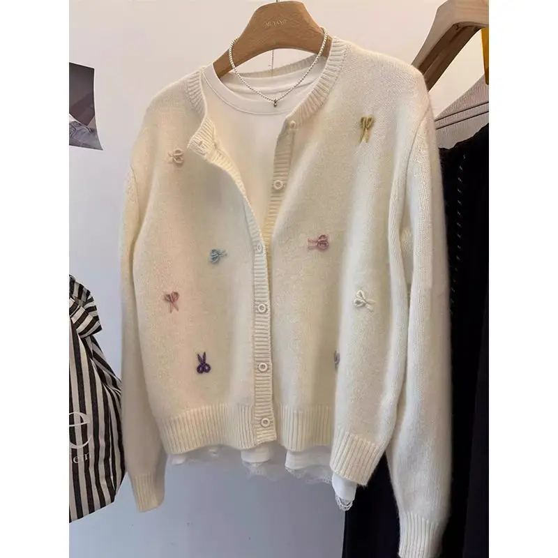 Coreano tridimensional decorativo arco macio camisola cardigan feminino solto doce camisola de malha xale jaqueta