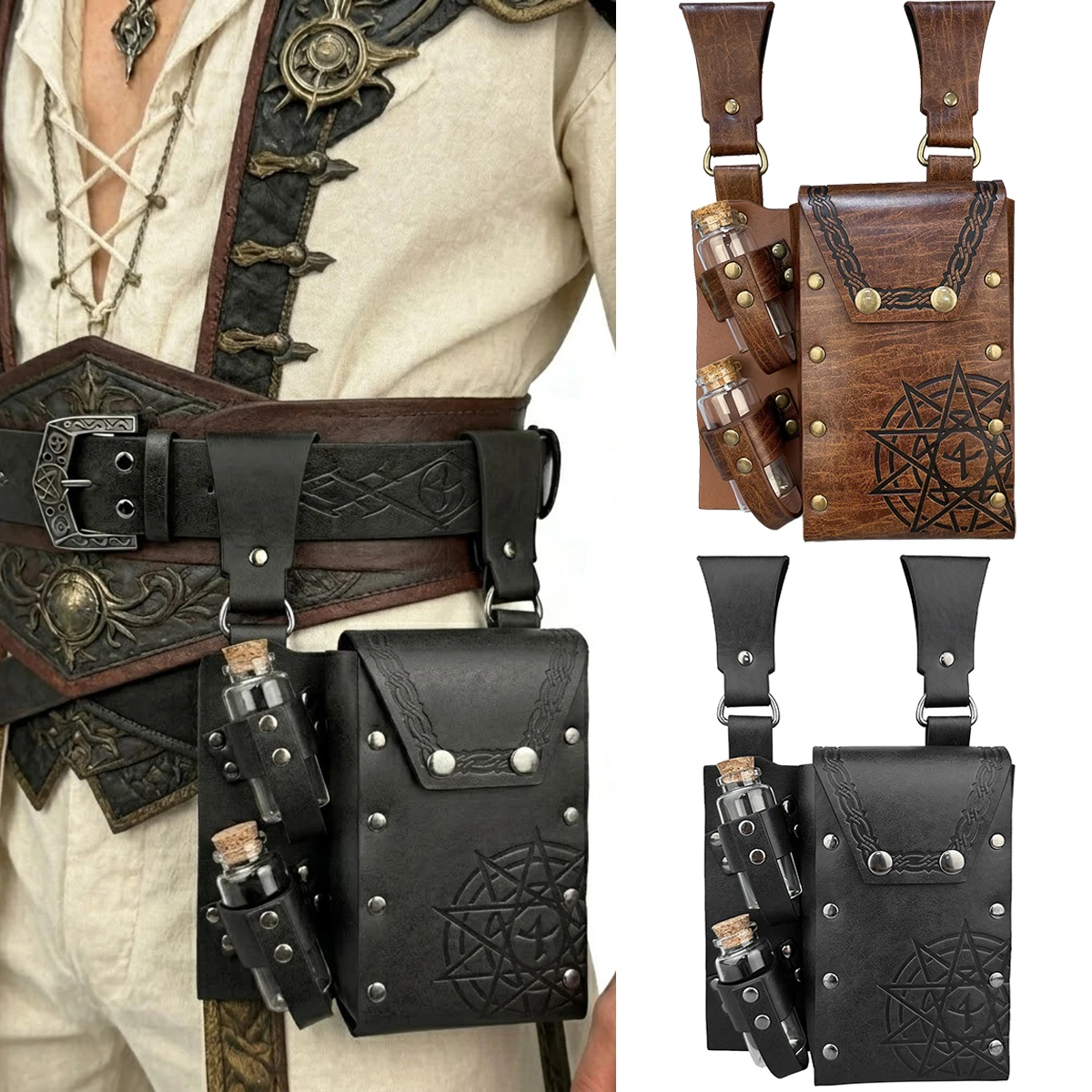 Medieval Vintage Costume Accessories Leather Waist Bag Fanny Pack with 2 Small Cork Potion Bottle for Cosplay LARP