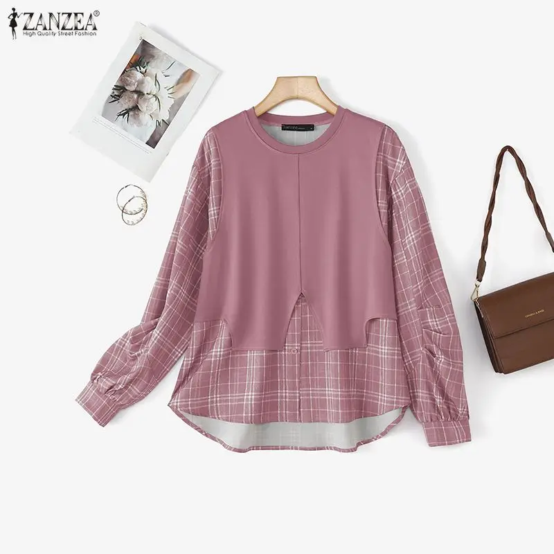ZANZEA Vintage Plaid Bluse Frauen Langarm Patchwork Casual Shirts 2026 Frühling Herbst Mode Oansatz Lose Blusas Femininas