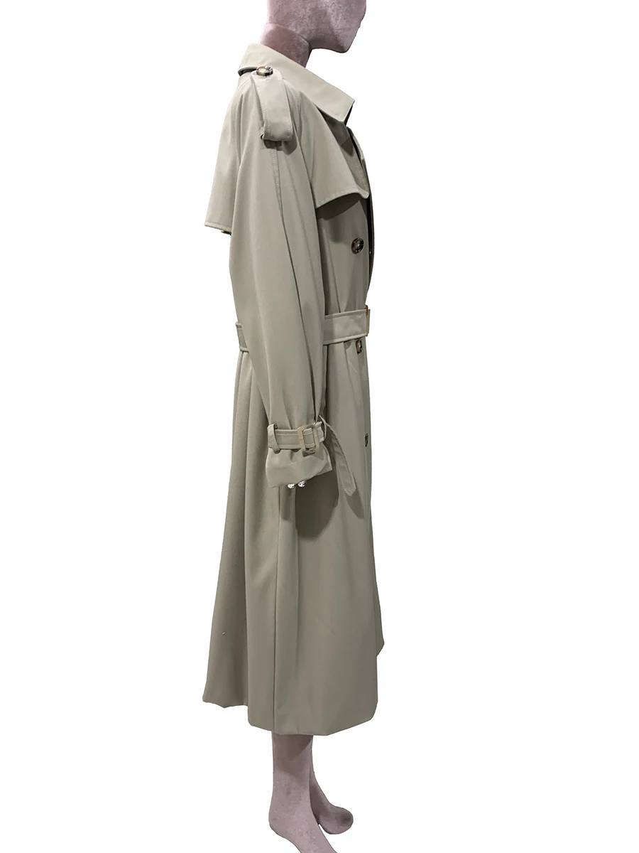 

Весенне-осенний длинный плащ цвета хаки для женщин, двубортный свободный повседневный роскошный дизайнерский костюм с поясом и рукавами реглан, пальто тренч женский оверсайз 2025