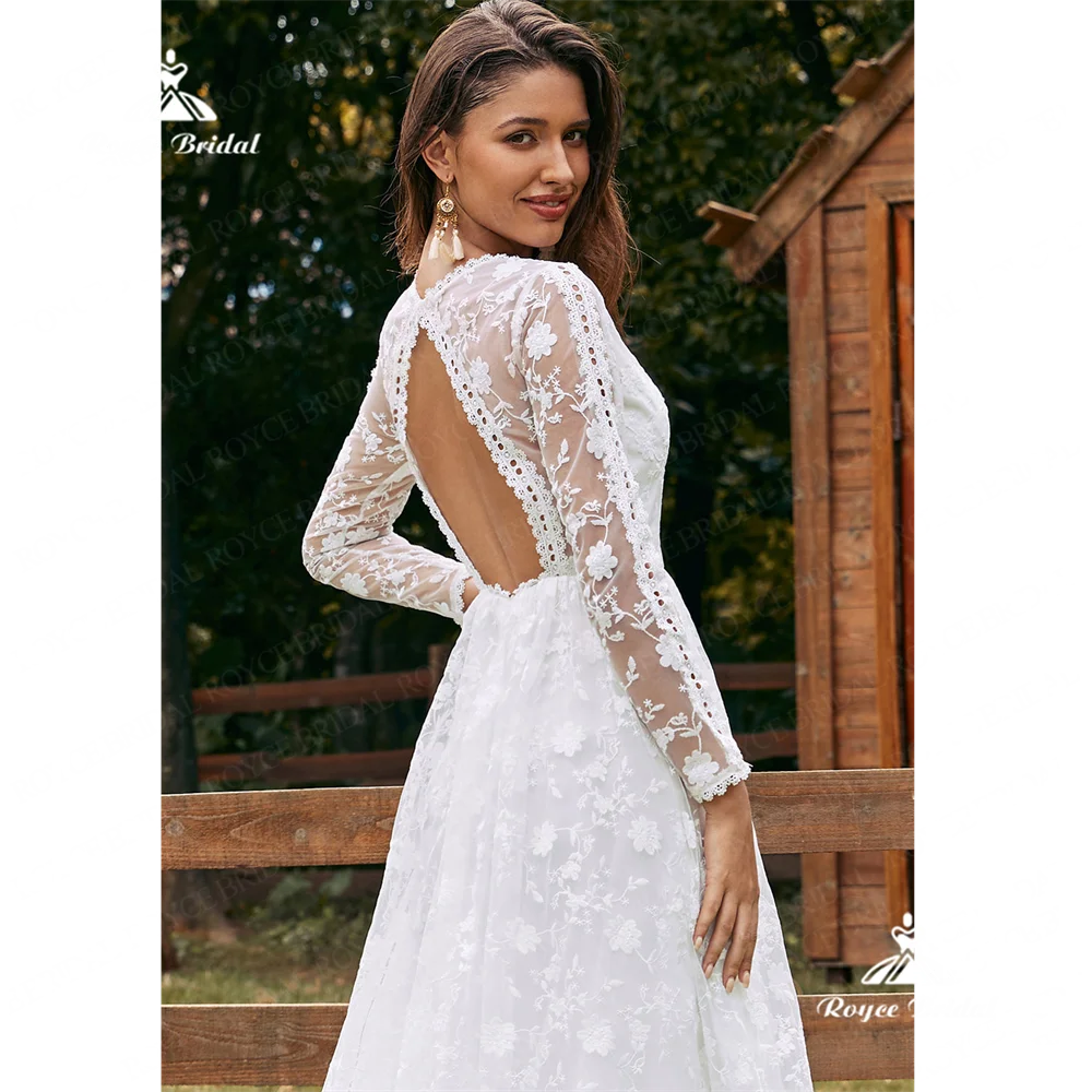 Roycebridal V Neck A Line Wedding Dress 2025 Lace Long Sleeves Court Train Wedding Gownvestido de novia manga larga elegantegeli