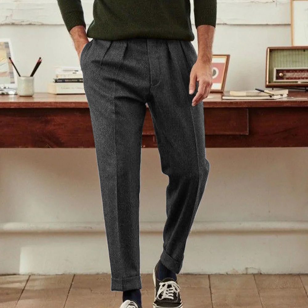 Pantalon en mélange de laine plissé à chevrons pour hommes, effilé, confortable, respirant, décontracté, pour les affaires, tenue de bureau, coupe cintrée