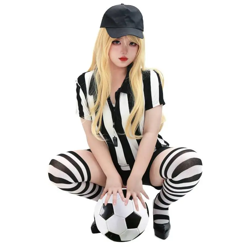 Women's Referee Cosplay Costume Tops Black White Striped Shirts Umpire Hat and Whistle Football Baby Costume Cheerleading Dress