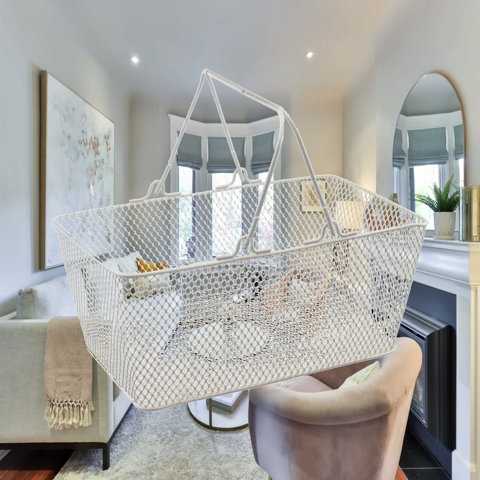 Wire Shopping Basket with Handles Sturdy Shopping Basket with Handle Mesh Ventilated for Retailers, Supermarket