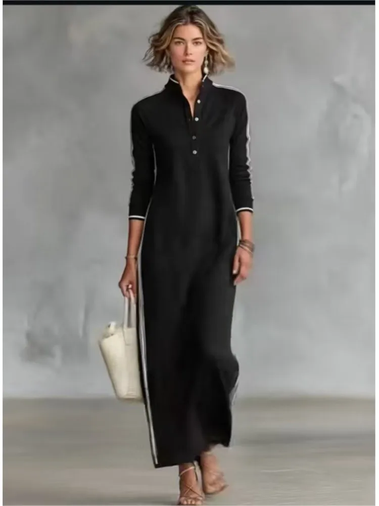 

Loose Casual Party Maxi Dress 2026 Fall Retro Striped Trim Long Sleeve Maxi Dress Women's Stand Collar Button Henley Skirt