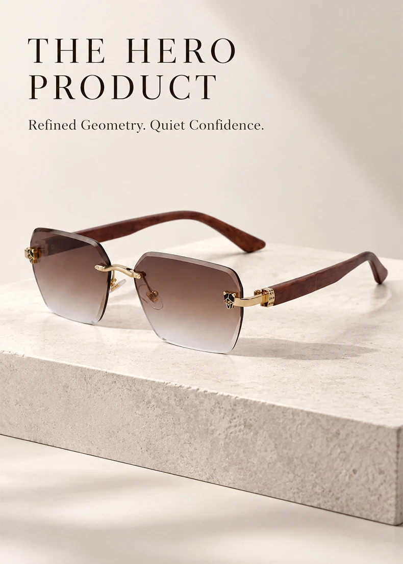 Quadratische Randlose Photochrome Sonnenbrille für Herren Vintage Sonnenbrillen 2026 Luxus Designer Shades Herren Geschnittene Gläser Rahmenlose Brillen – Detail 2