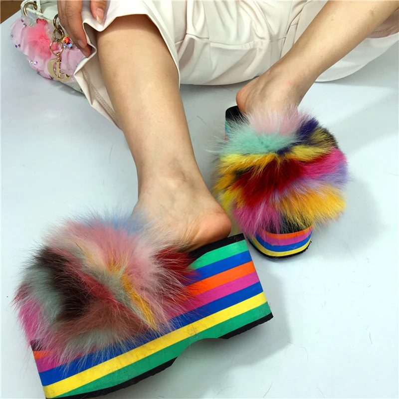

Colorful stripe Real Fox Fur Patchwork Peep Toe Slipper Rainbow Foam wedge Platform Sole slide mixed colors Fur woman Shoes