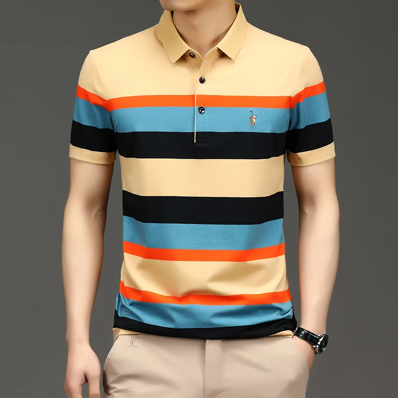 Brand Embroidery Men\'s Polo Shirts Golf Shirt 2024 Summer Striped Button Clothing Business Male Streetwear Short Sleeved T-shirt