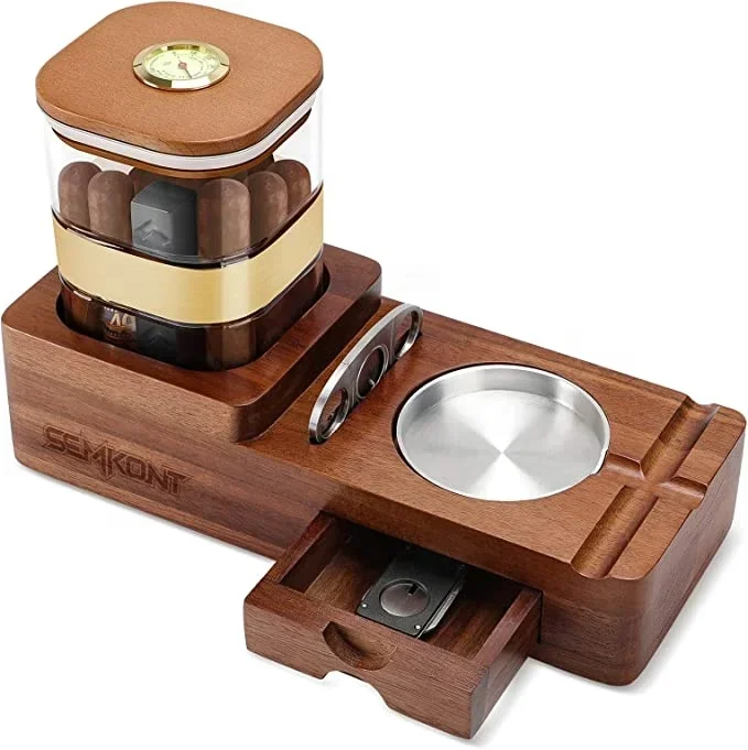 Cigar Display Humidor And Detachable Wooden Cigar Ashtray Set With Sealed Cigar Jar Tray For Home And Office