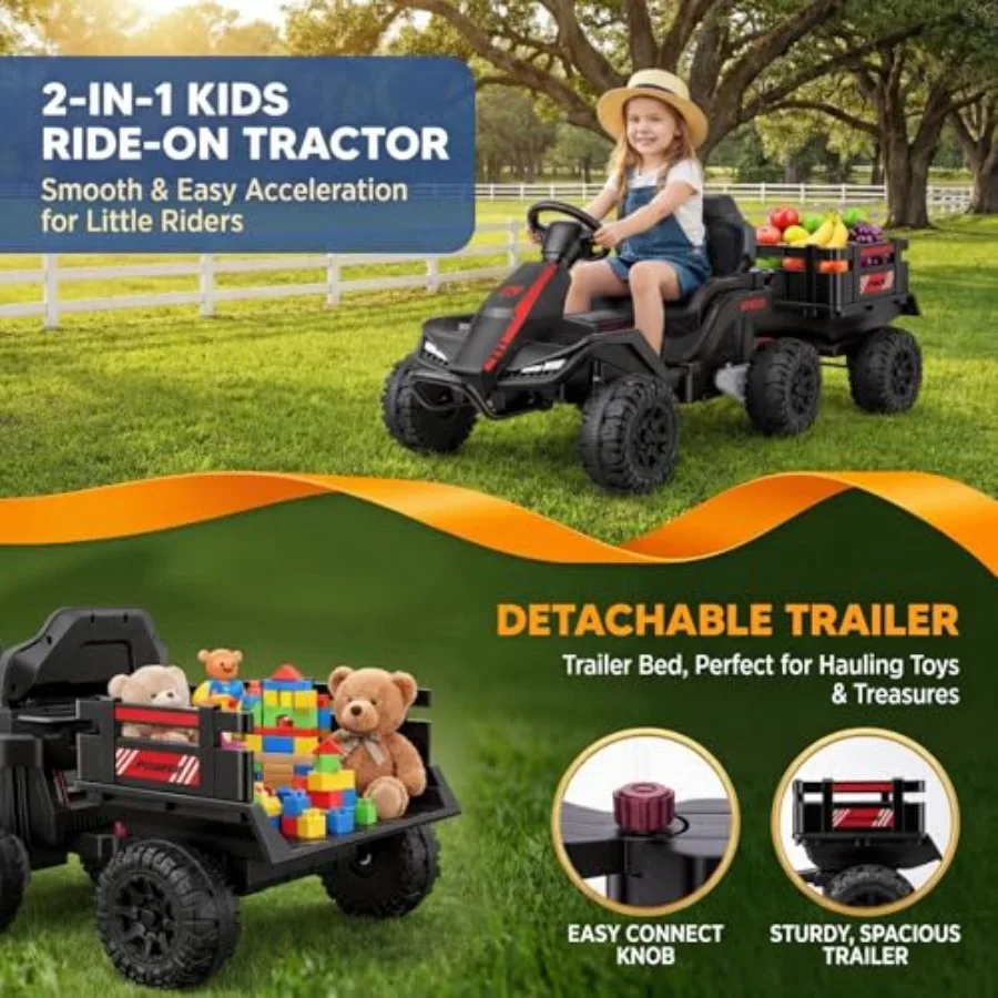 Outdoor electric ride-on tractor for kids 3+, black ABS plastic, detachable trailer remote control, 2-in-1 design, 6-wheel stab