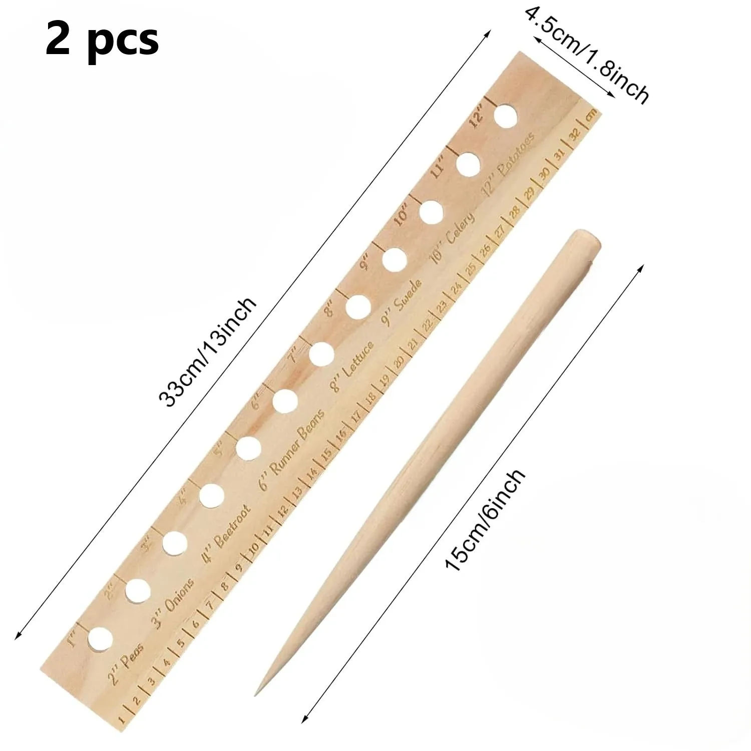 2Pcs Wooden Garden Ruler 13 Inch Plant Spacing Tool For Vegetable Gardening Sowing Depth Marker With Dibber Accessories