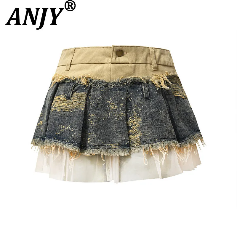 

ANJY Summer New Women's Streetwear Y2K Chic Vintage Washed Contrast Color Patchwork Denim Pleated High Waisted Short Skirt A8127