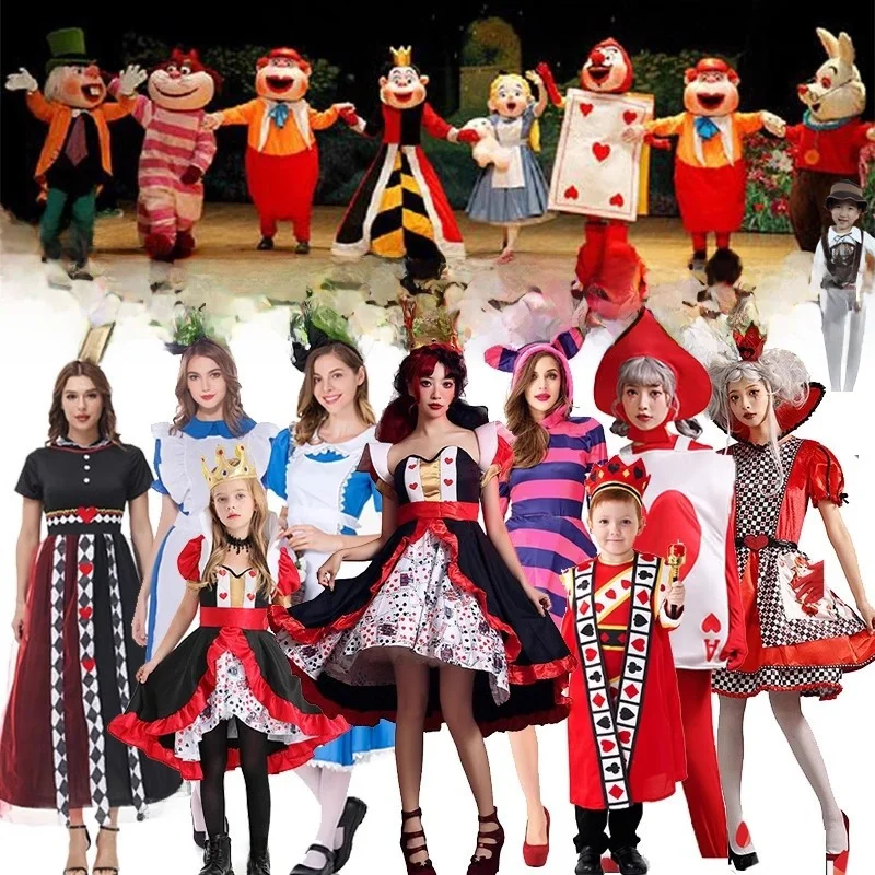 

Хэллоуин Костюм Алисы в стране чудес Красно-белое сердце Улыбающееся костюм для взрослых и детей Театральное представление...