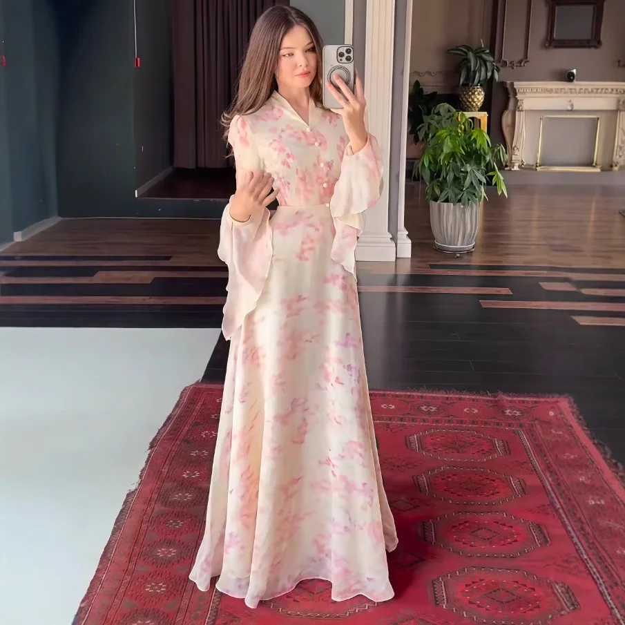 

Spring 2026 Women's Slim Fit Long Sleeved Dress Fashionable Printed Trumpet Sleeve New Arrival