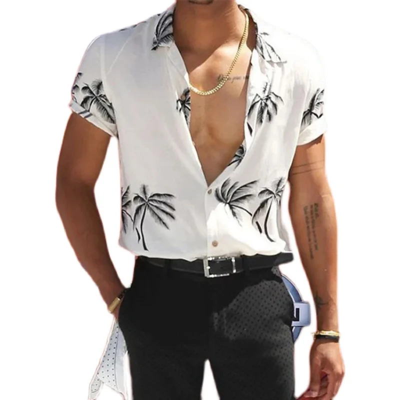 قميص رجالي بأكمام قصيرة بطباعة شاطئ هاواي، موضة شبابية صيفية، قماش مطبوع بدون معالجة كي، نسيج منسوج ملون