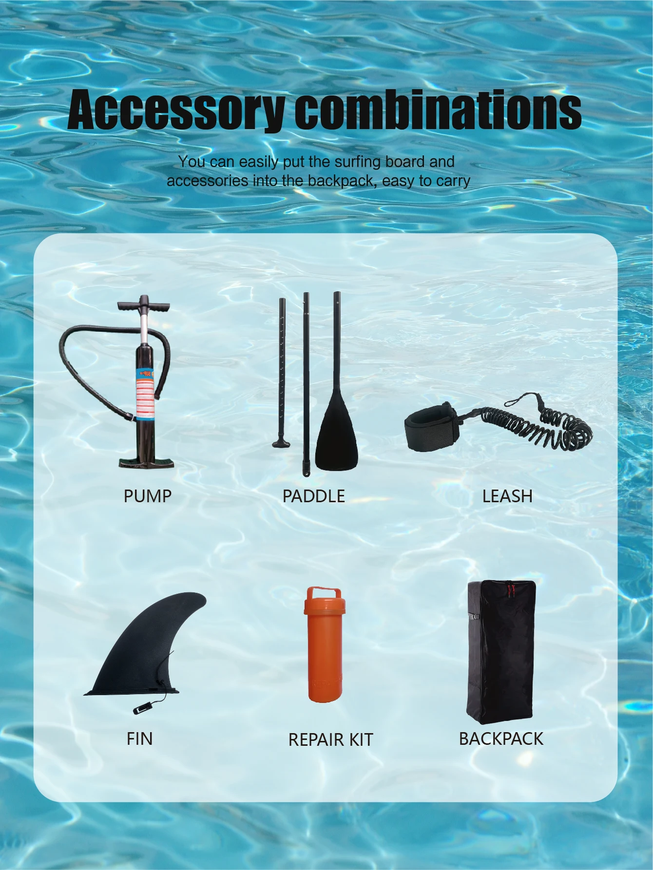 Deska SUP (Stand-Up Paddle Board) z pompką, akcesoriami, plecakiem, linką bezpieczeństwa, odłączanymi płetwami, wiosłem i zestawem naprawczym.