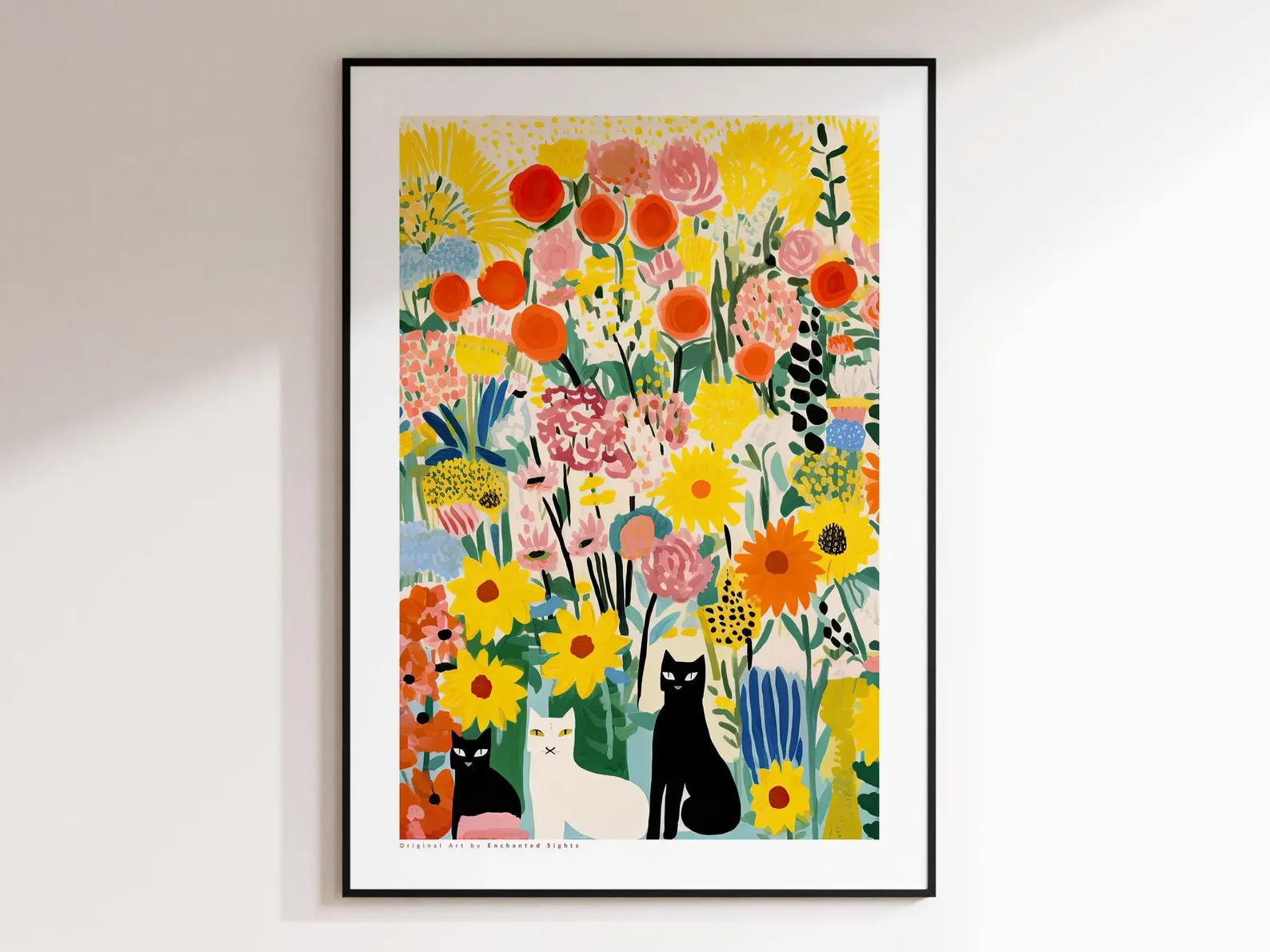 Gelbe Katze im Garten, Wandkunst – Blumenkatzen-Illustration und Katzen-Kunstdruck – Dekor mit Garten- und Katzenmotiv – Giclée-Druck auf Leinwand