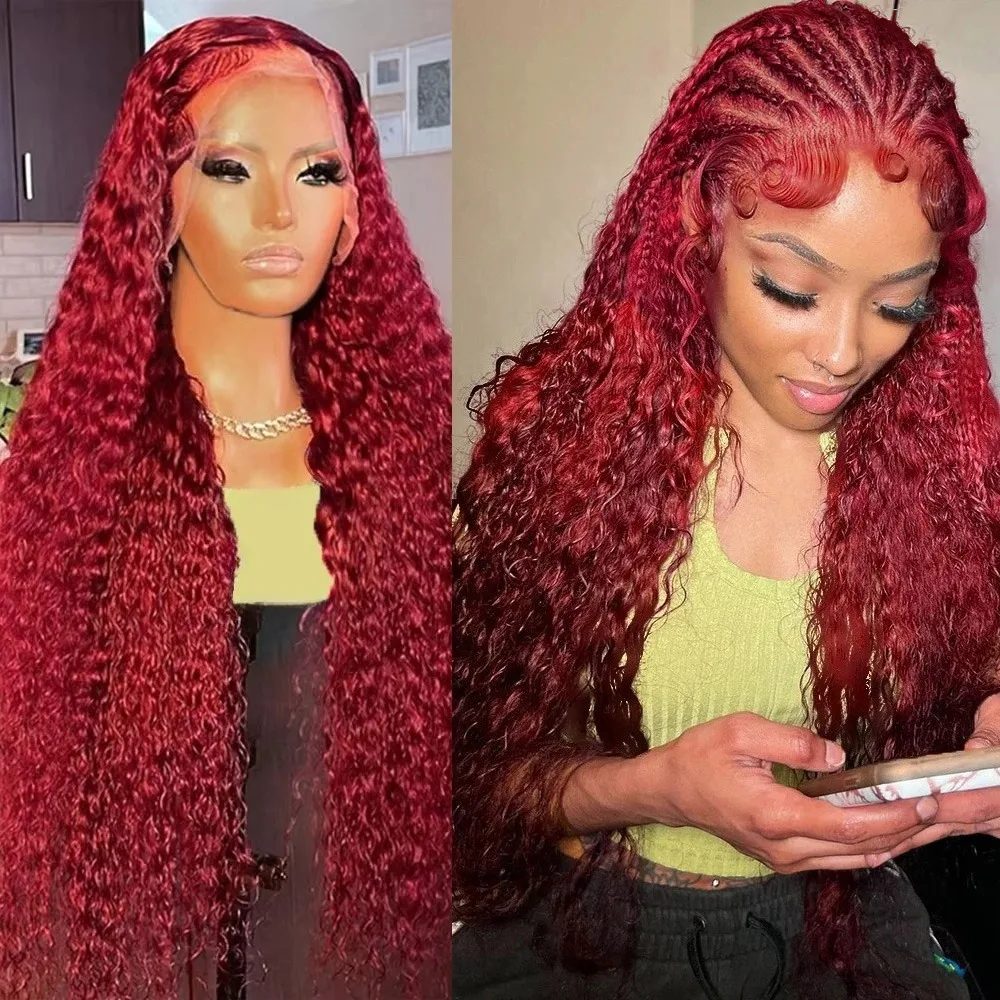 99J人毛ウィッグ バーガンディ ディープウェーブ 13x6 HDレースフロントウィッグ カール レッドカラー 13x4 透明レースフロント 人毛ウィッグ 女性用