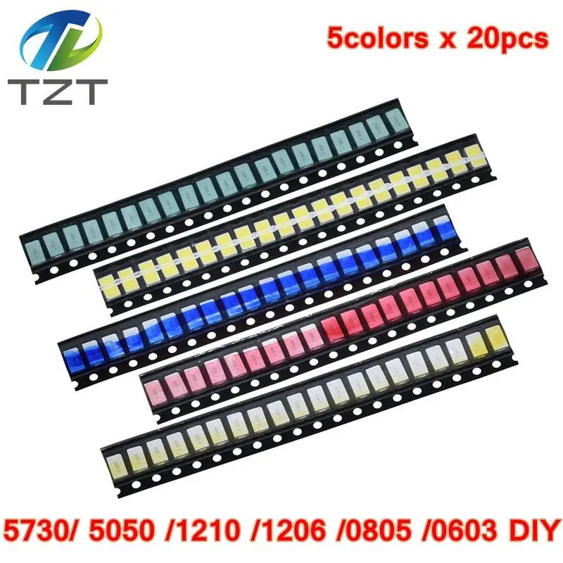 100pcs=5colors x 20pcs 5730/5050 /1210 /1206 /0805 /0603 LED Diode Assortment SMD LED Diode Kit Green RED White Blue Yellow 5630