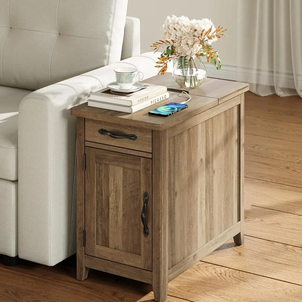 

Farmhouse Side Table with Charging Station, Living Room Narrow Side Table, Sofa Side Table with Drawers and Storage