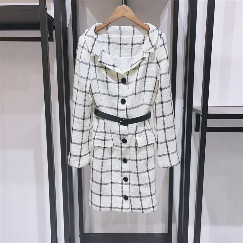 Women Plaid Dress Single Breasted Turn-down Collar Long Sleeve Elegant Autumn 2024 Mini Robe