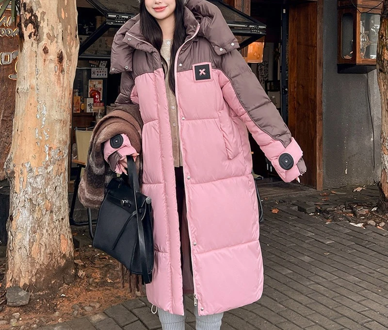 Large Size Long Over Knee Fashionable Cotton Jacket for Women, Contrasting Color Hooded Cotton Jacket for Women