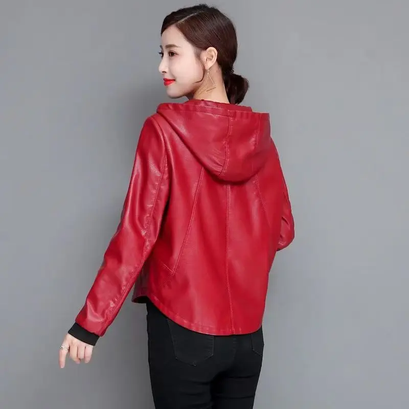 New Women Casual Leather Jacket Spring Autumn Fashion Hooded Zipper Split Leather Loose Outerwear Short Sheepskin Tops Coat