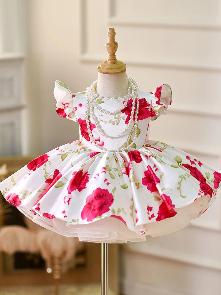 Princess Dress for Girls with Flying Sleeves High-Grade Satin Small Dress New Foreign Trade Rose Series