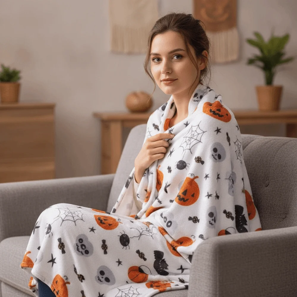 Multi-functional Bat Ghost Print Halloween Flannel Blanket Warm Soft Office Nap Blanket Washable Sleeping Blanket All Season