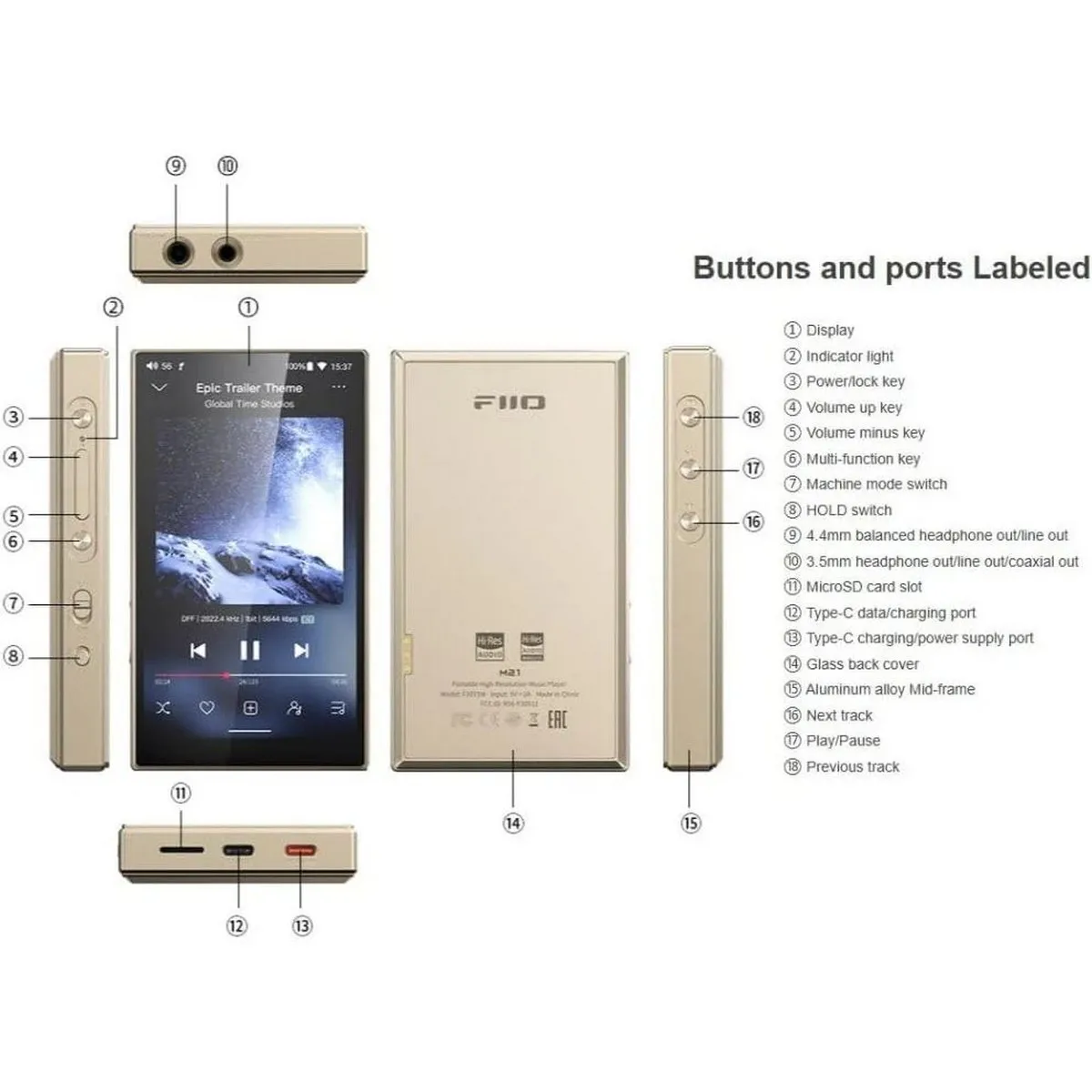 DAP Fiio M21 Gold Titanium-DAC Audio Media Player/Headset