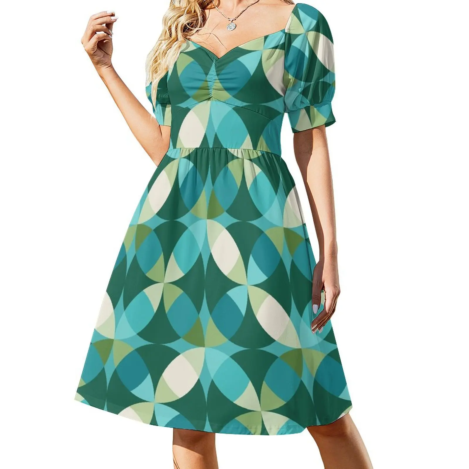 

Mid Century Modern Circle Lock Print 3 - Green Turquoise Teal Short Sleeved Dress birthday dresses for women Dress