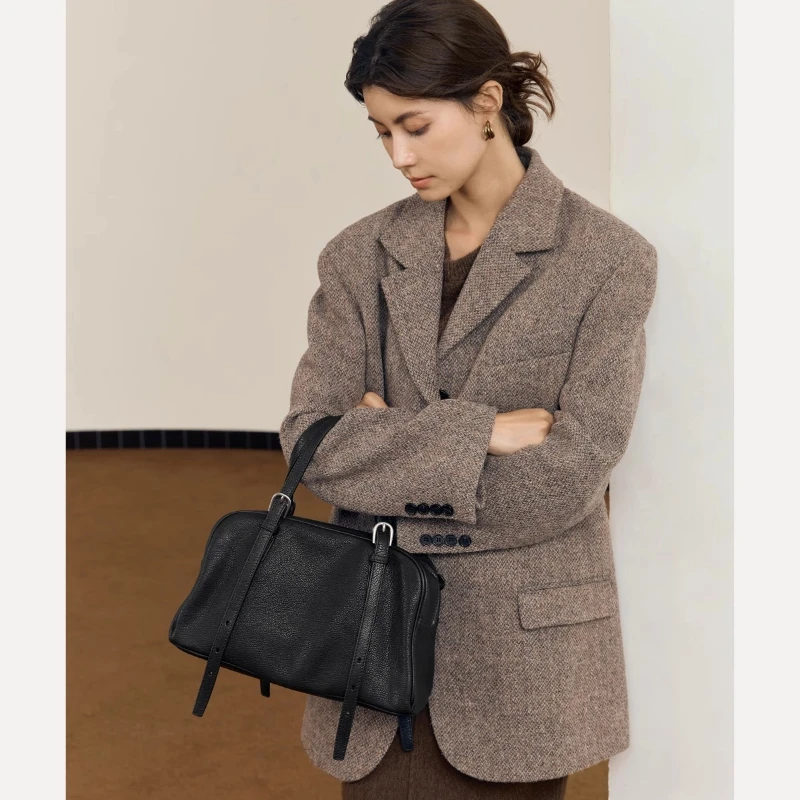 حقيبة بولينج من جلد البقر المدبوغة بالخضراوات من Qiuzhen للنساء مع حقيبة كتف ذات سعة كبيرة وحقيبة حمل #5