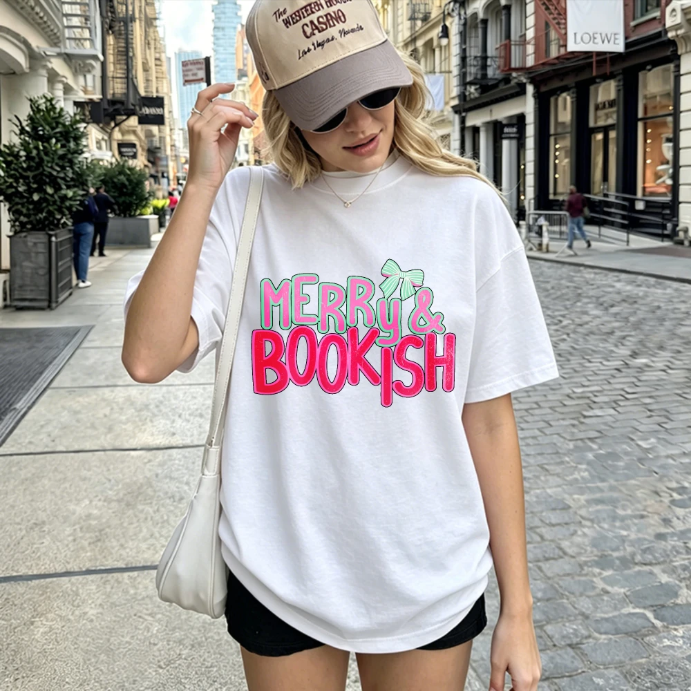 Merry and Bright Booktrovert Shirt Book Related Gifts Bookish Thing Merry and Bookish Romantasy Romance Reader Me Women Clothing