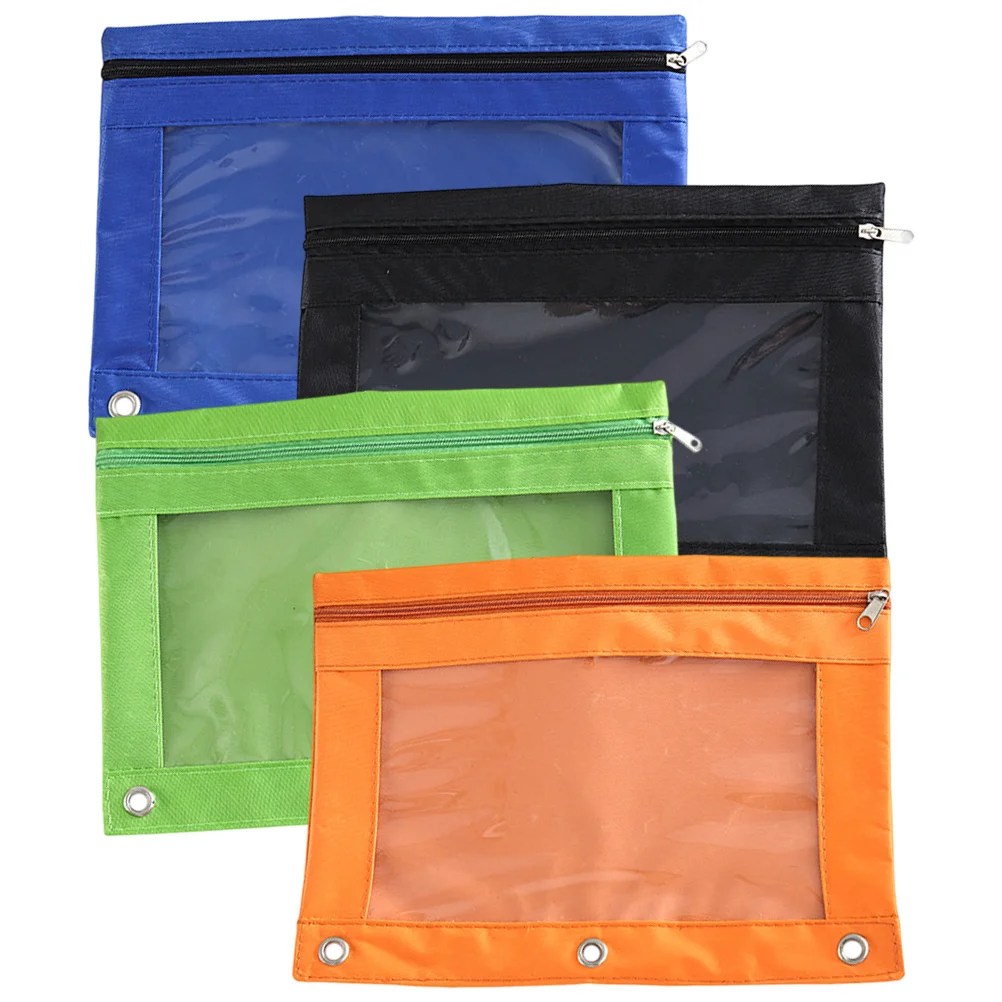 4 Pcs Pencil Bag Loose Leaf Stationery Blinder Pockets Pouch for 3 Ring Binder Zipper Case Pens