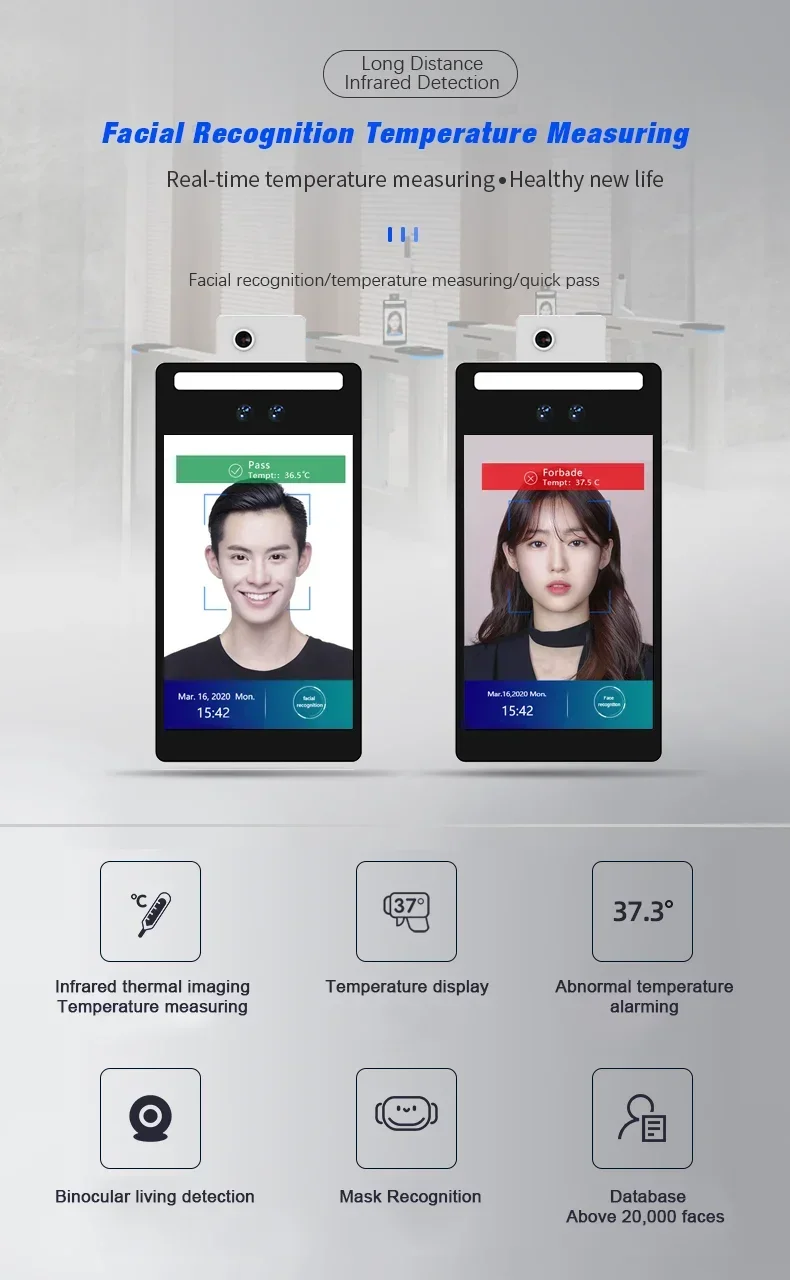 8 Inch Face Recognition Door Access Control Terminal Dynamic IR Camera Facial Recognition Temperature Measurement Machine